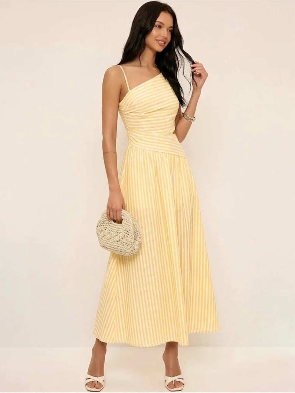Commense Yellow Striped One-Shoulder Maxi Dress